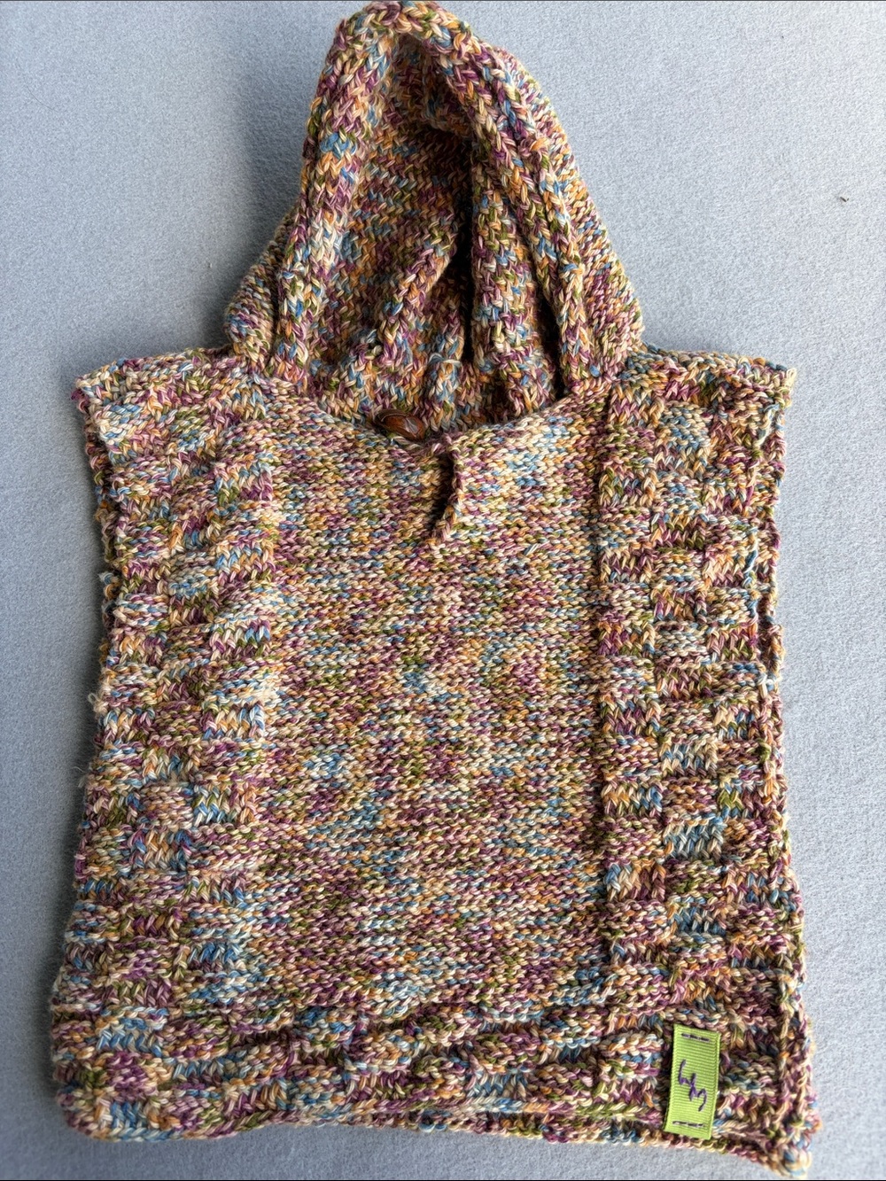 Hand Crafted Multicolor Knit Hooded Poncho
